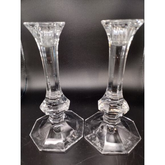 Vintage Hand Blown Lead Glass Taper Candle Holder Set Elegant 7.5" Pair Unmarked - Picture 10 of 12